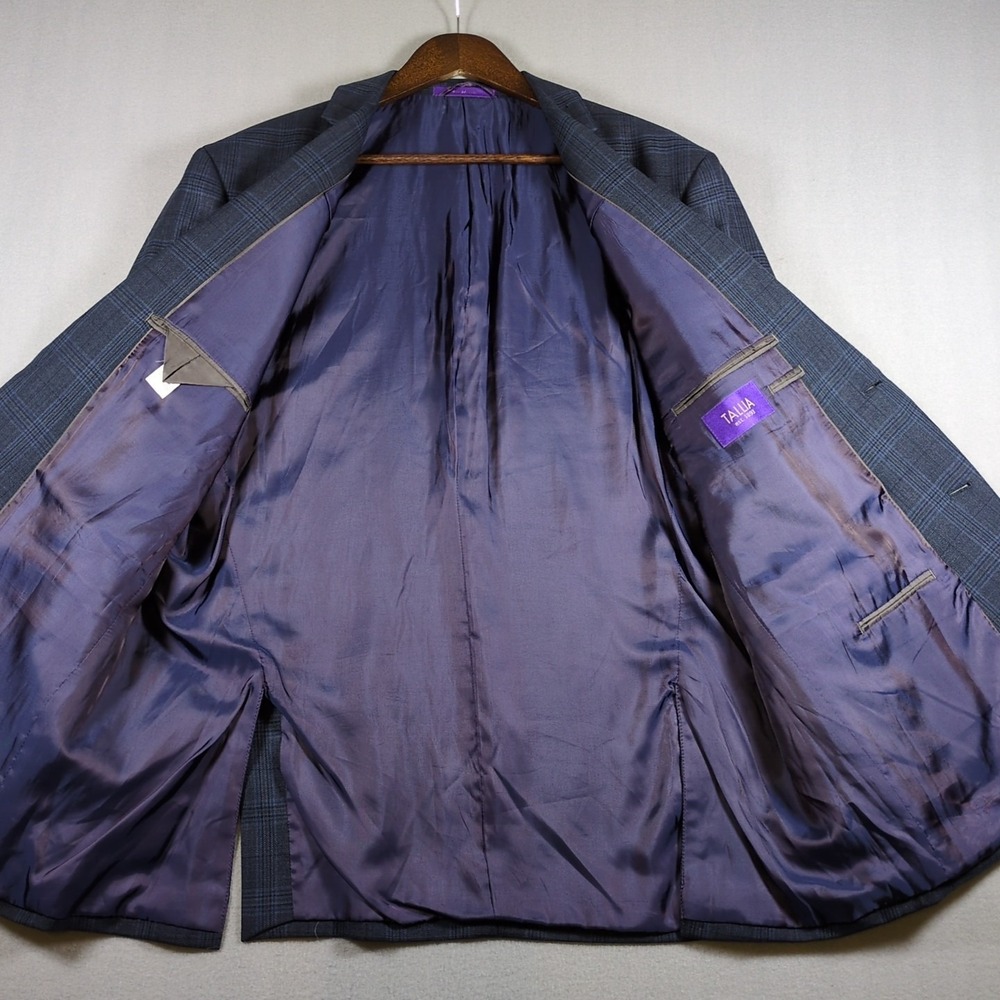 Tallia Mens 46R Wool Blazer Blue Windowpane Plaid Sport Coat Single Breasted - Picture 2 of 8